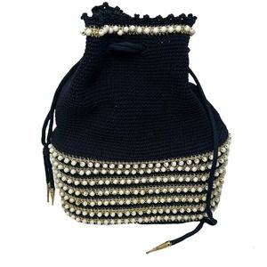 Vintage 1940-50s Hiawatha Crochet Bag  Navy with Pearl Detail